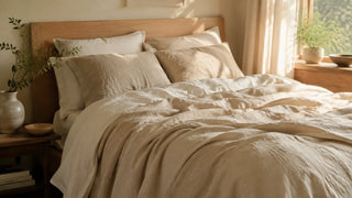 Sunlit bedroom with soft natural linen bedding set