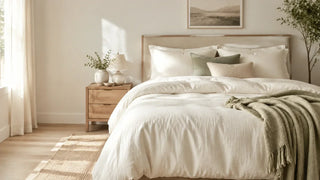 White duvet and comforter on a sunlit bedroom bed