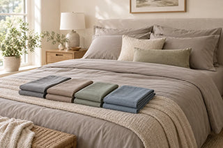 Medium gray, taupe, sage, and dusty blue sheets displayed in a neutral bedroom