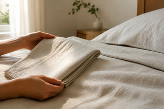 Hands checking the texture and weave of natural linen bedding 