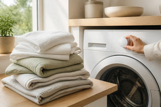 Hand selecting a washing machine setting beside folded bed sheets 