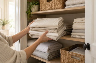 Folded bed sheets being removed from a warm, enclosed linen closet