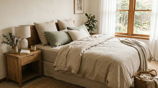 Cozy bedroom with natural beige linen bedding on a wooden bed frame.