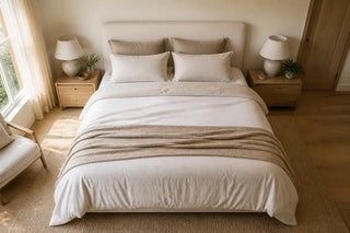 Modern bedroom with cozy neutral linen bedding