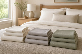 Three stacks of cotton, polyester, and blended sheets arranged on a neutral bed.