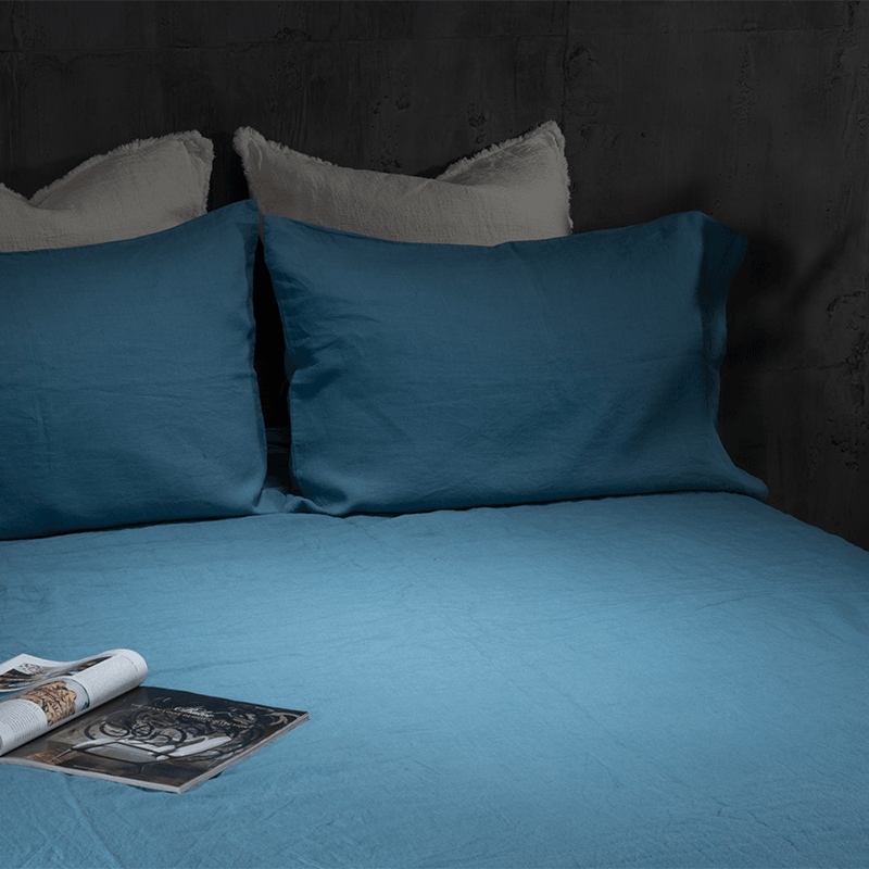 Essential Linen Sheet Set  Aruba Blue Bed