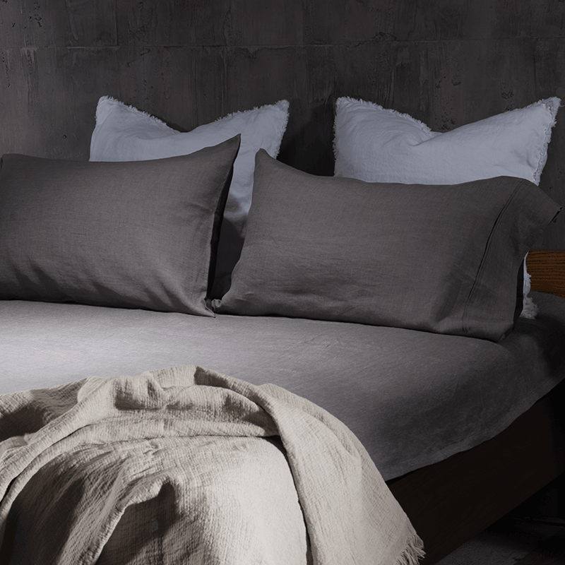 Essential Linen Sheet Set Dawn Grey  on Bed